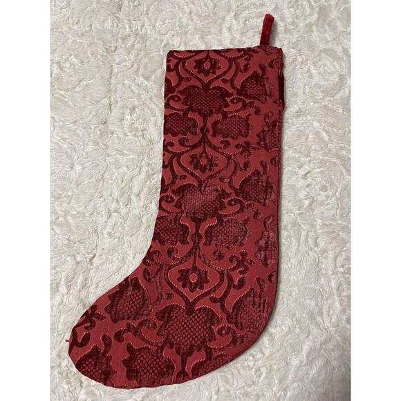 Cranberry Red Floral Christmas Holiday Stocking Embroidered Satin Velvet Trim - Picture 3 of 6